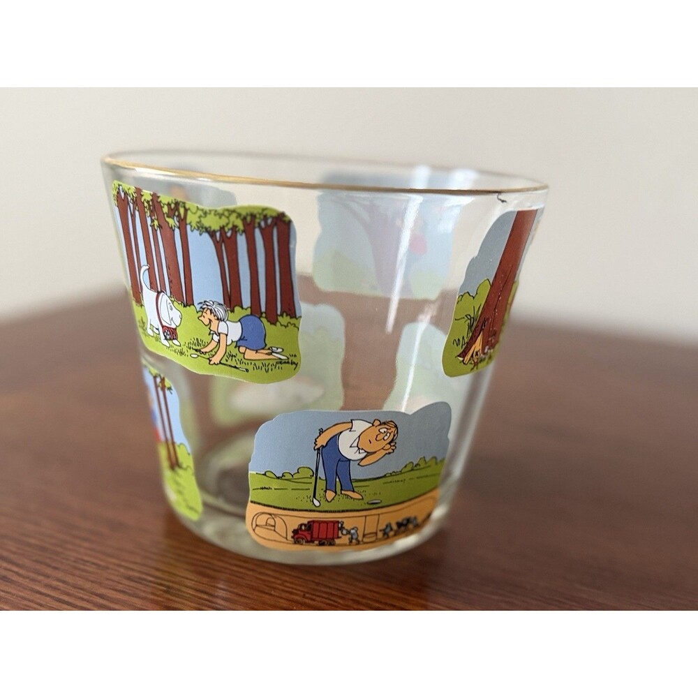 1970's Ashby Golf Cartoon Humor Glass Ice Bucket 5"H Gold Trim GOLF THEME